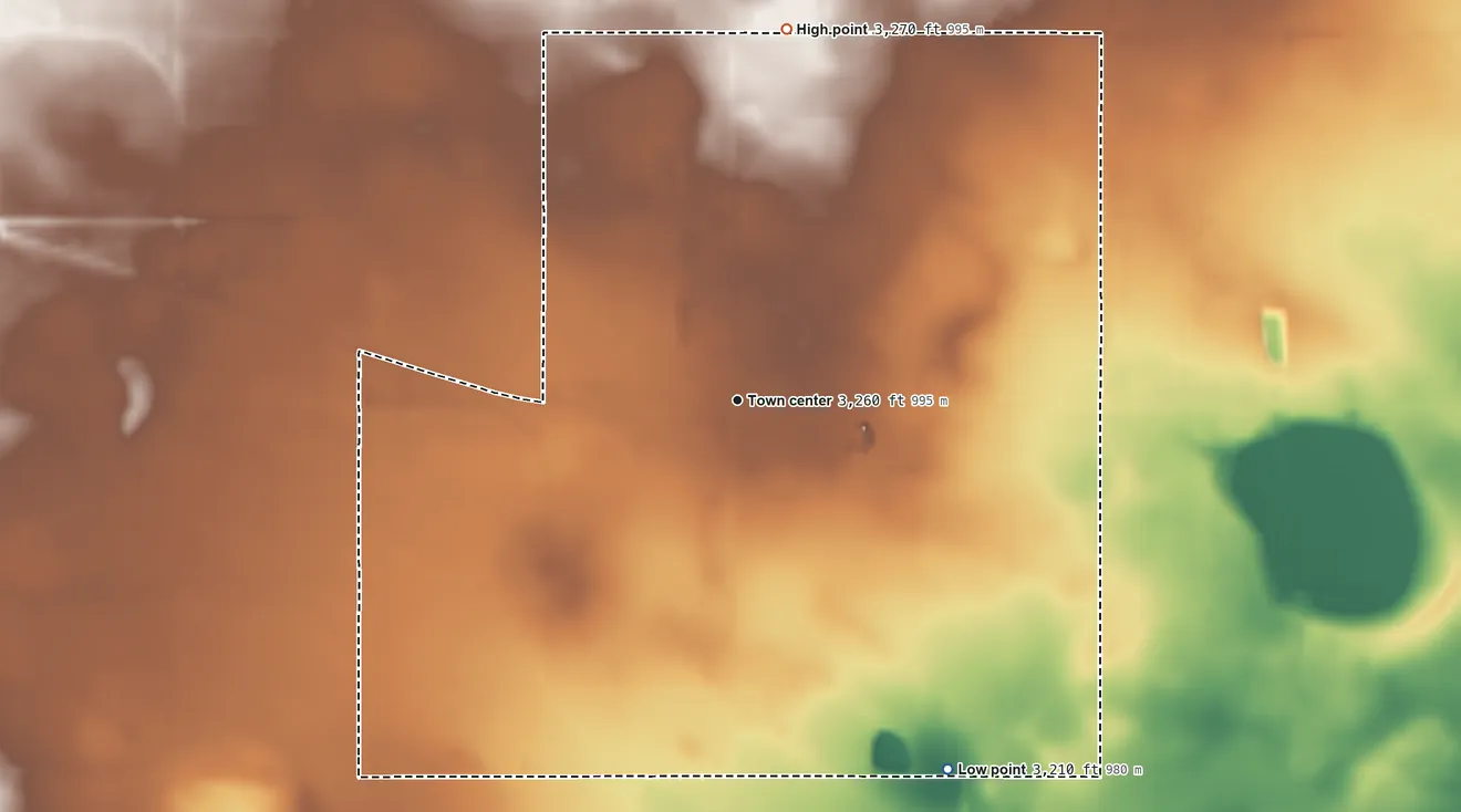 Topographic elevation map of Loop, Texas, shaded from 3,210 ft on the southeast side to 3,270 ft on the north side