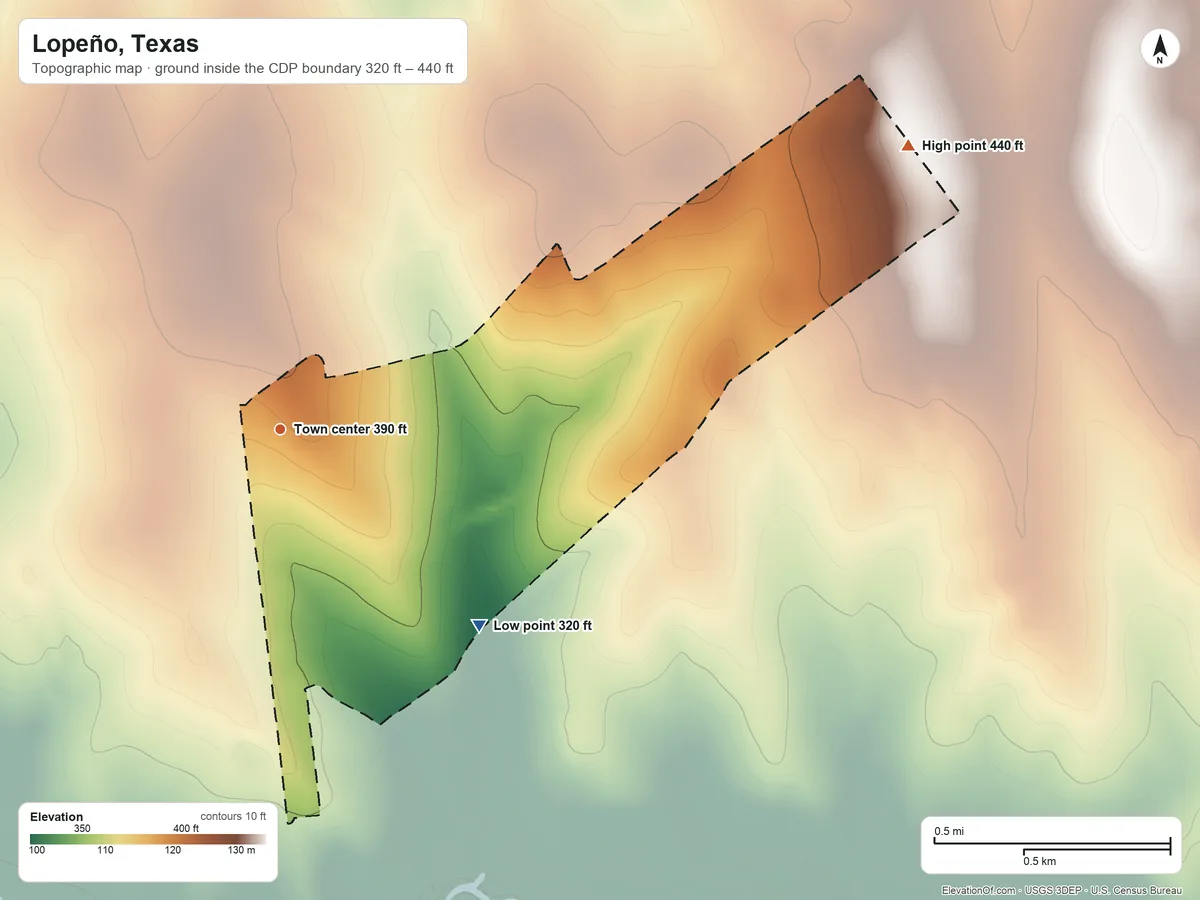 Topographic elevation map of Lopeño, Texas, shaded from 320 ft on the southeast side to 440 ft on the northeast side