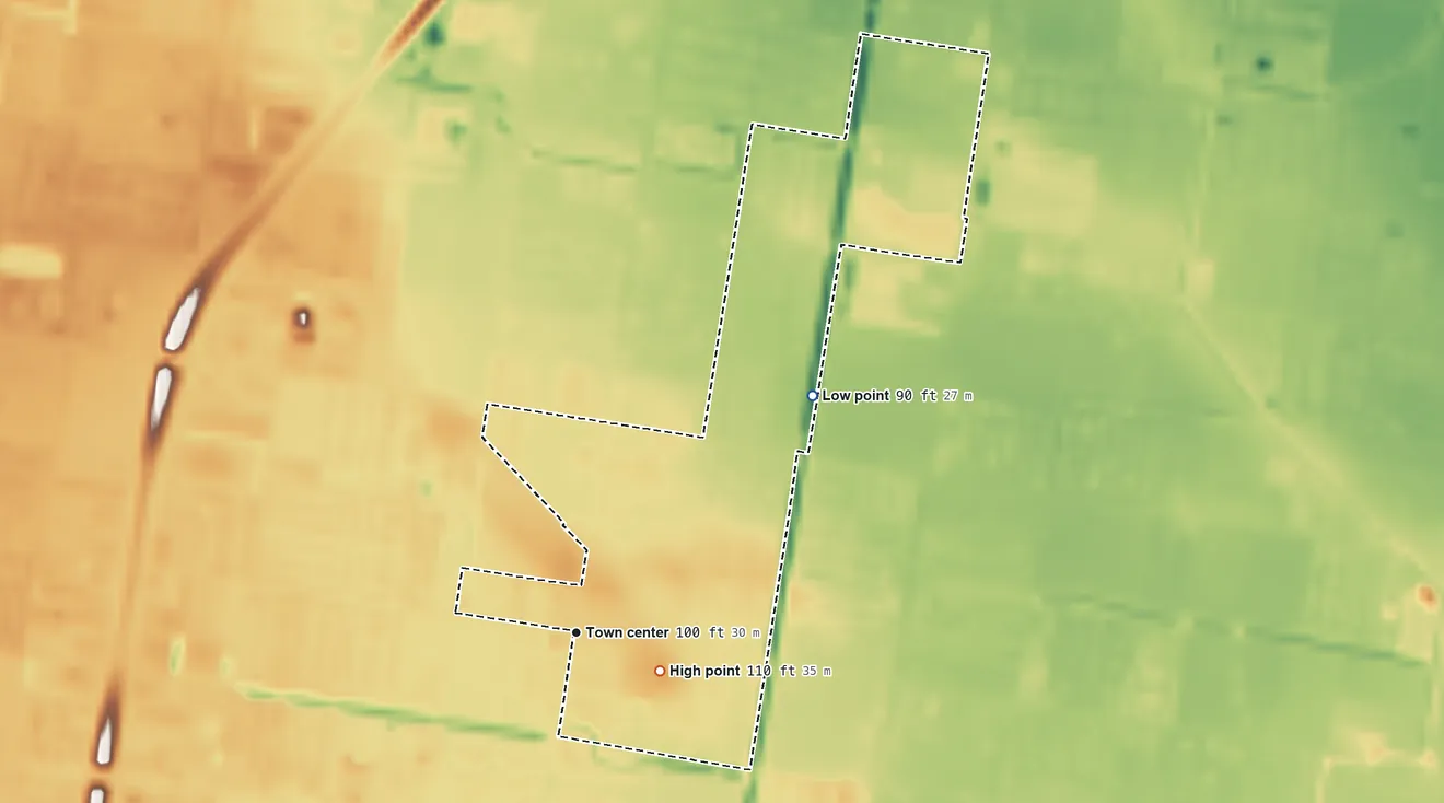 Topographic elevation map of Lopezville, Texas, shaded from 90 ft on the northeast side to 110 ft on the southeast side