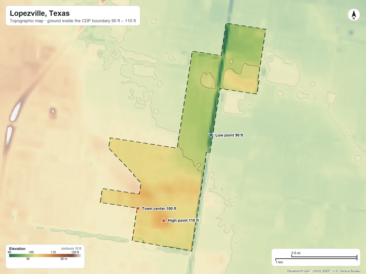 Topographic elevation map of Lopezville, Texas, shaded from 90 ft on the northeast side to 110 ft on the southeast side