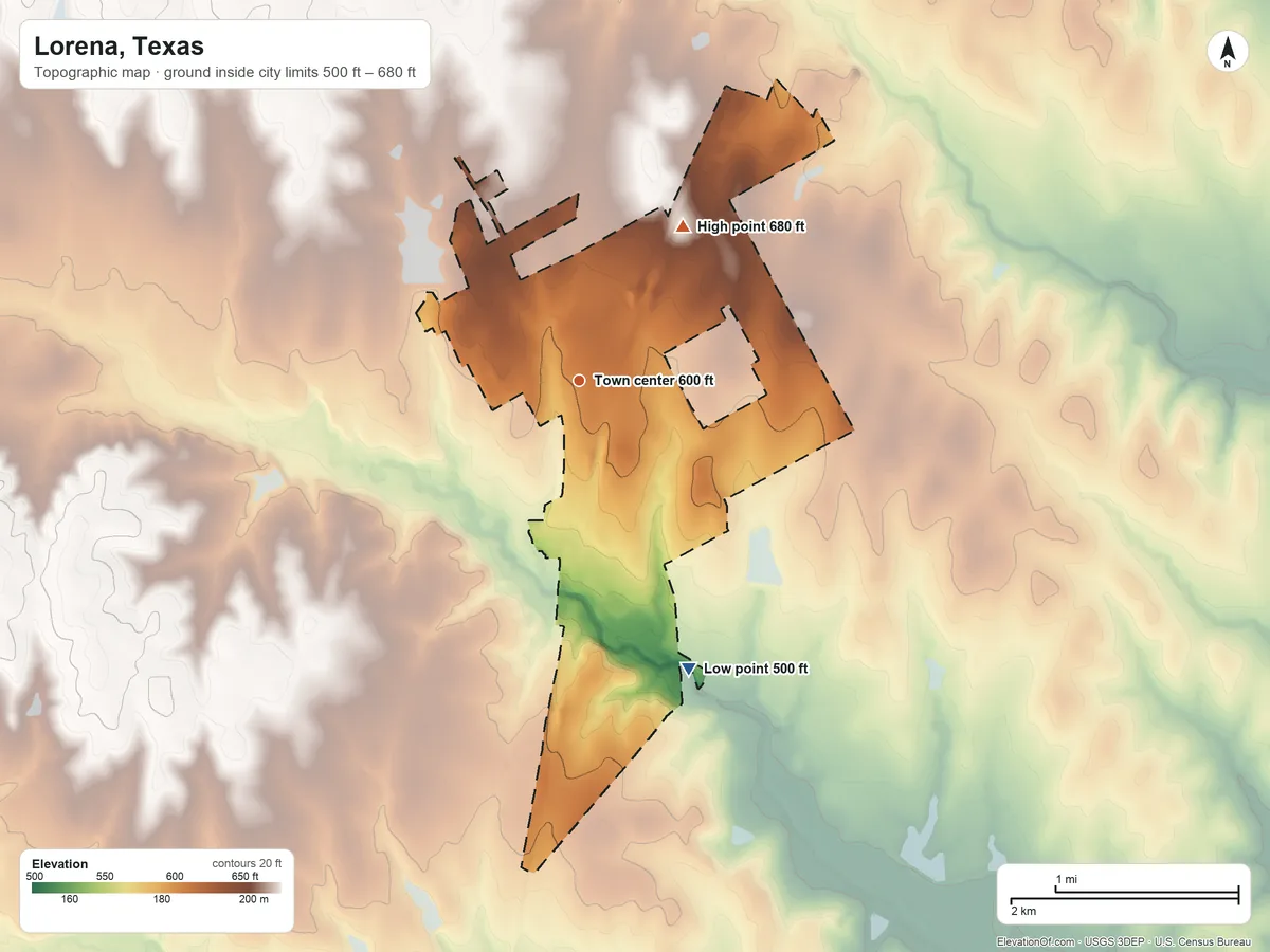 Topographic elevation map of Lorena, Texas, shaded from 500 ft on the south side to 680 ft on the northeast side