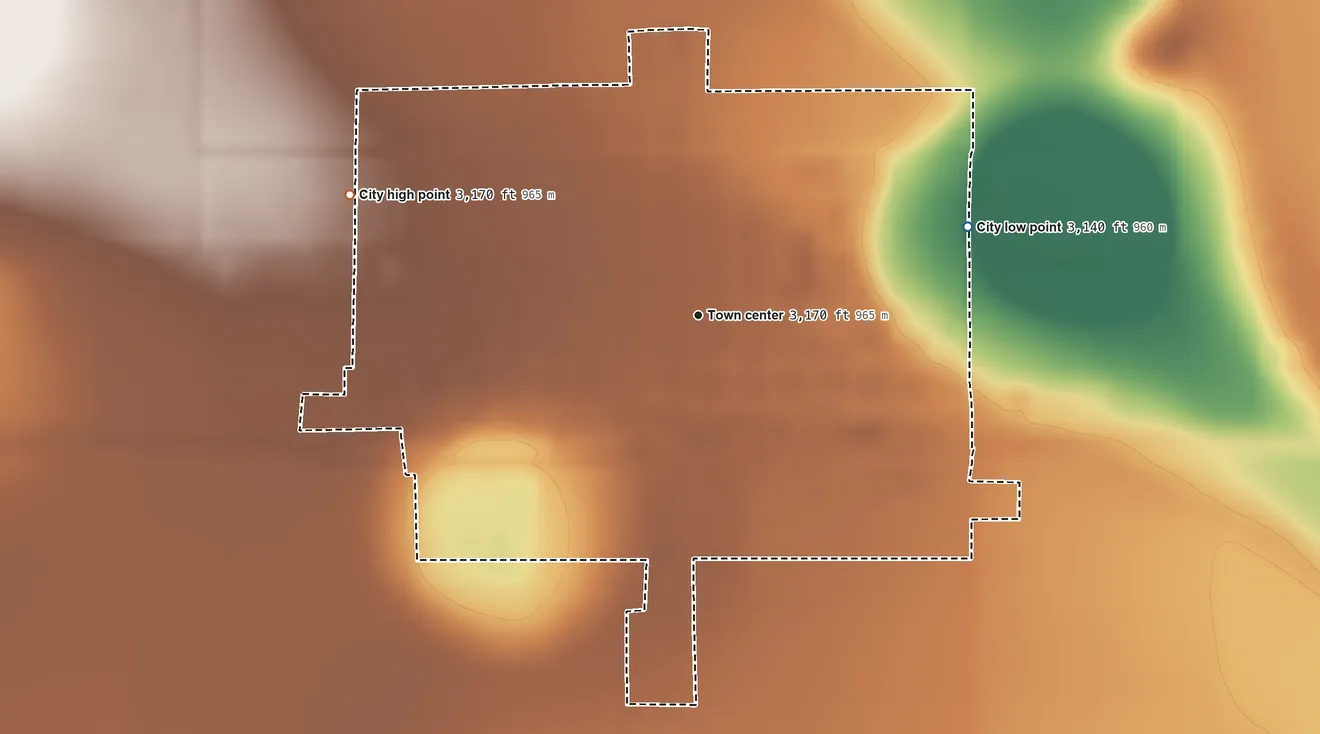 Topographic elevation map of Lorenzo, Texas, shaded from 3,140 ft on the east side to 3,170 ft on the west side