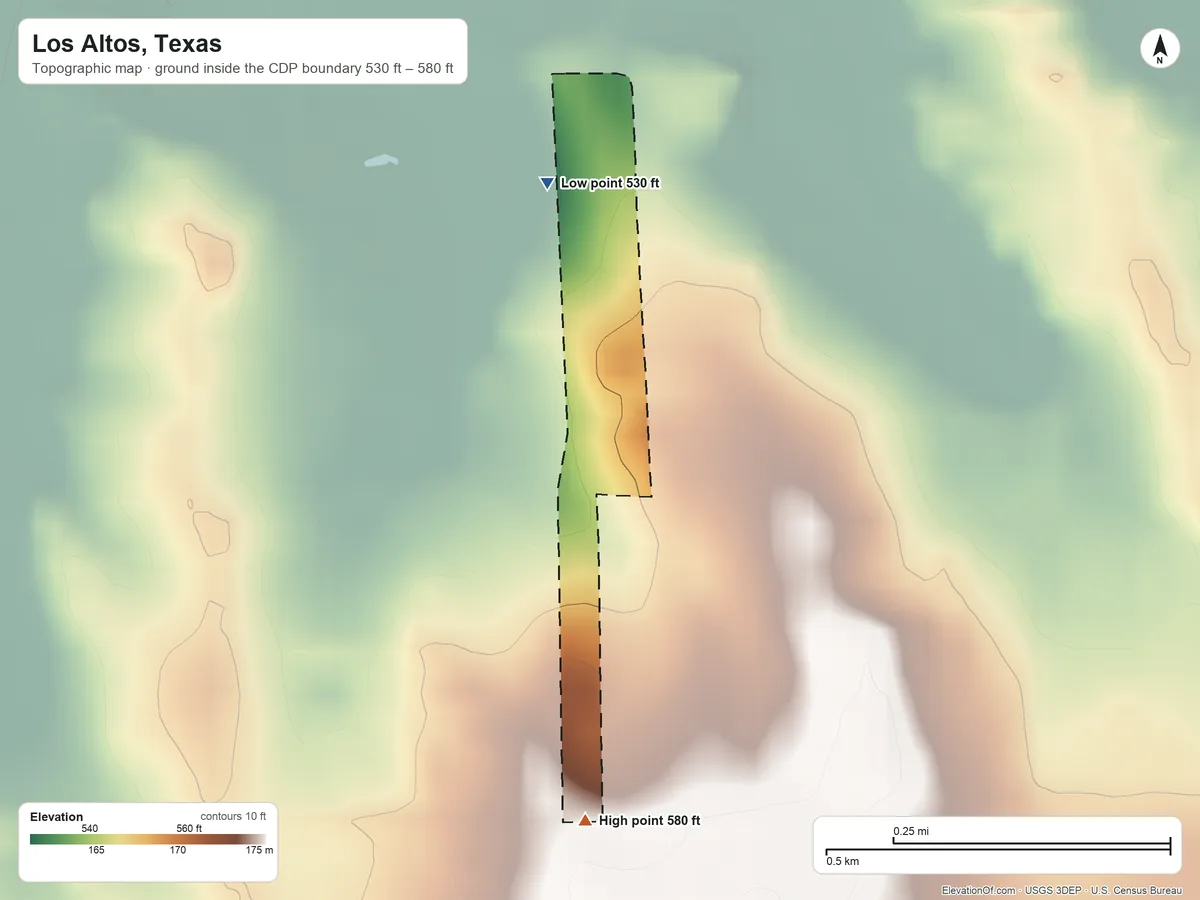 Topographic elevation map of Los Altos, Texas, shaded from 530 ft on the northwest side to 580 ft on the south side