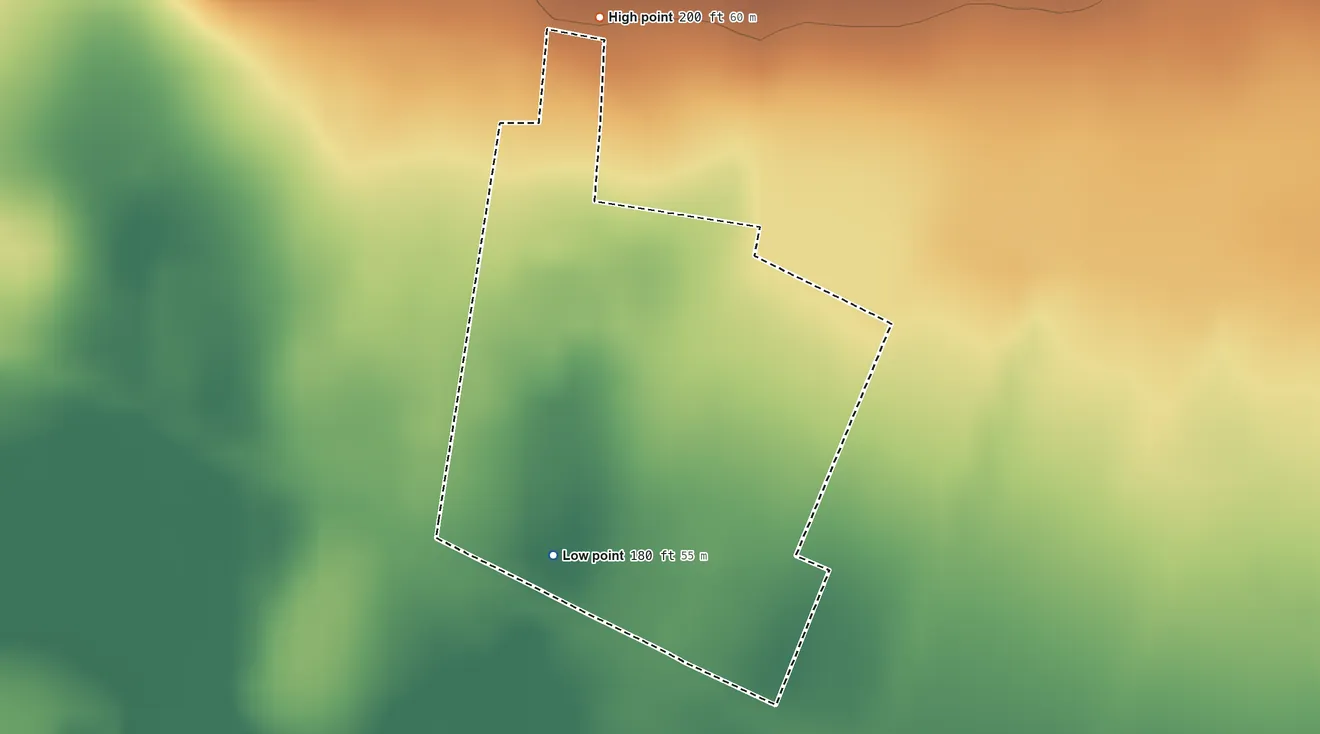 Topographic elevation map of Los Alvarez, Texas, shaded from 180 ft on the southwest side to 200 ft on the north side