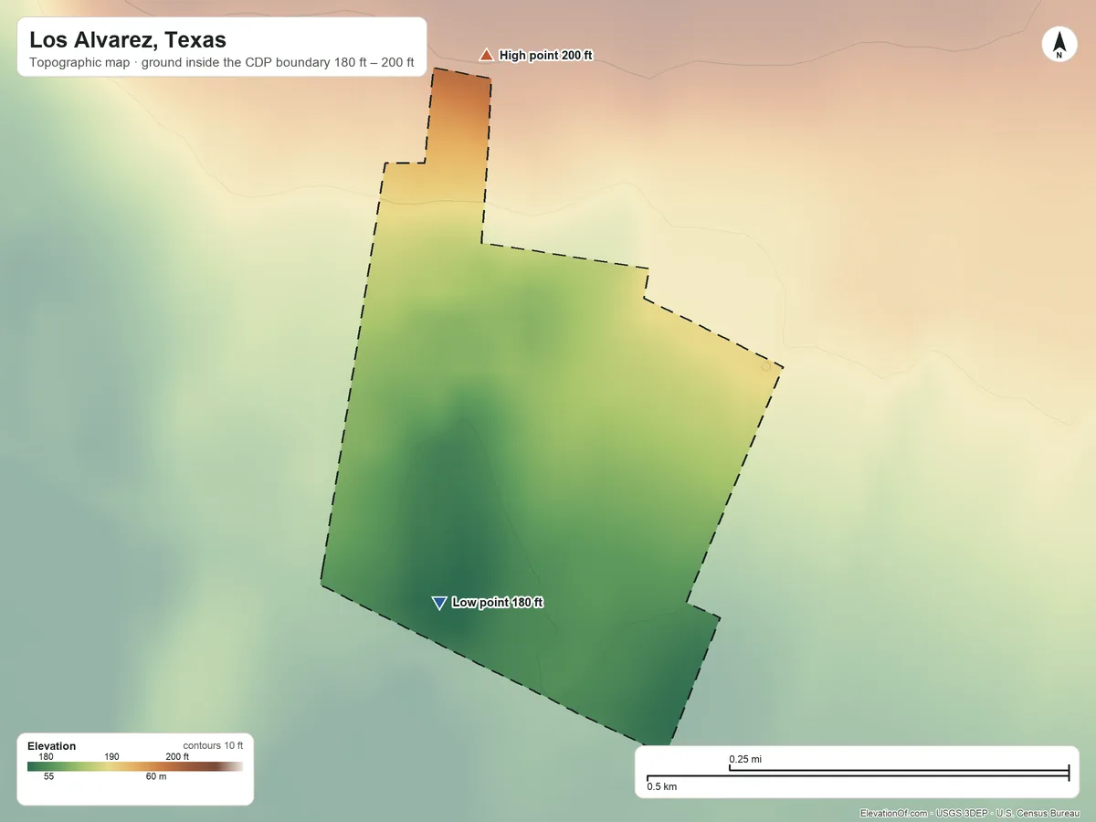Topographic elevation map of Los Alvarez, Texas, shaded from 180 ft on the southwest side to 200 ft on the north side