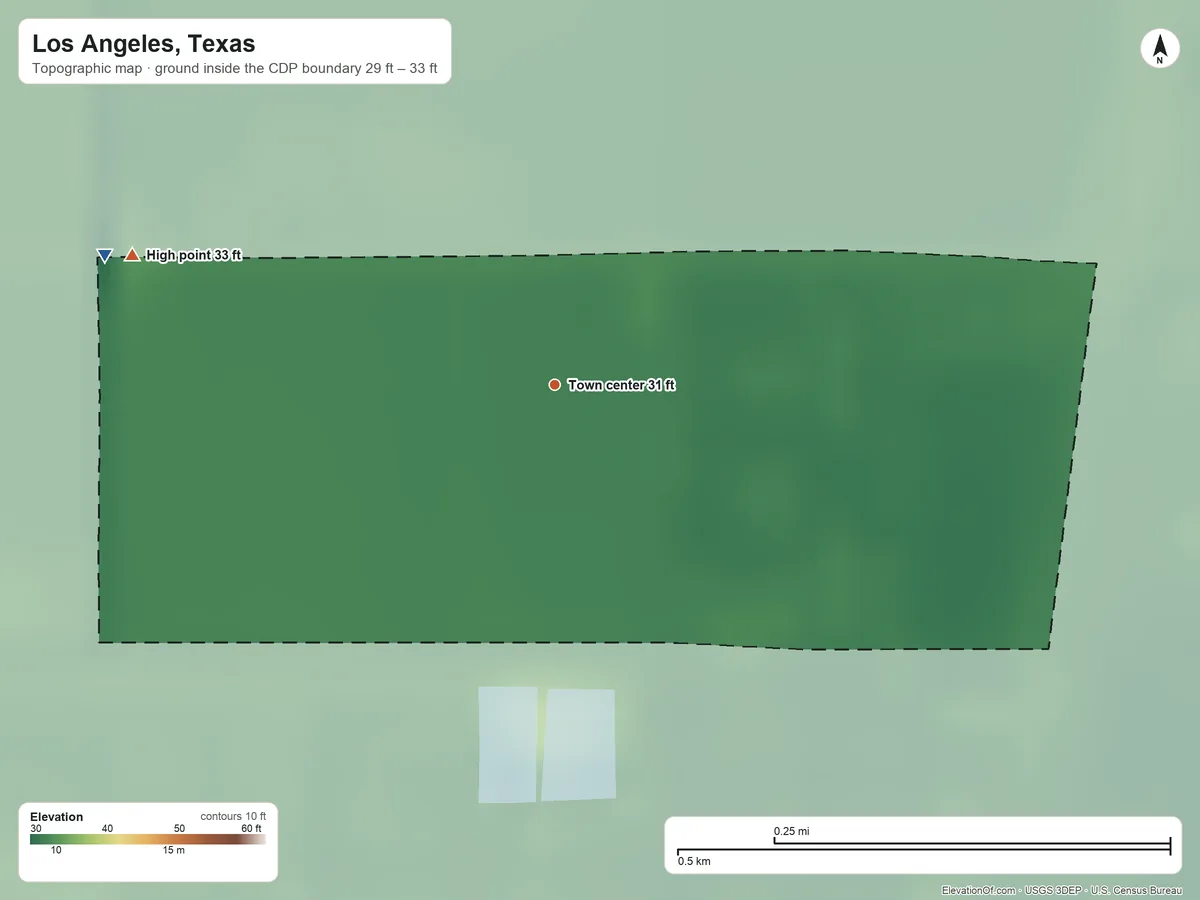 Topographic elevation map of Los Angeles, Texas, shaded from 29 ft on the west side to 33 ft on the west side