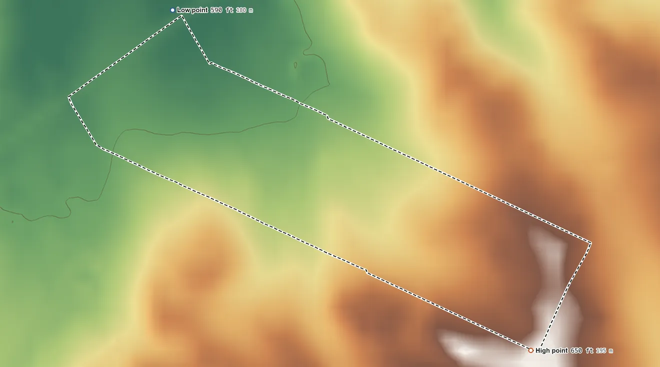 Topographic elevation map of Los Arcos, Texas, shaded from 590 ft on the northwest side to 650 ft on the southeast side