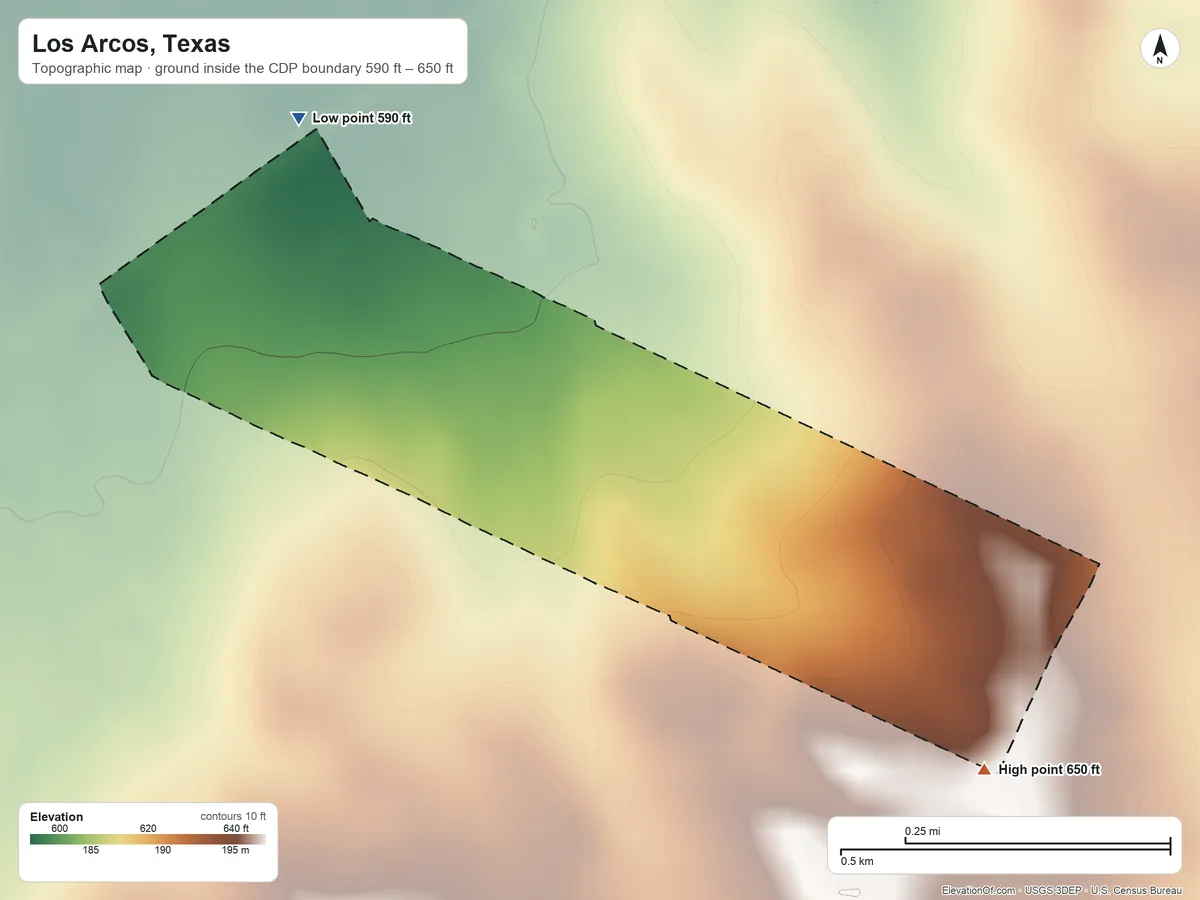 Topographic elevation map of Los Arcos, Texas, shaded from 590 ft on the northwest side to 650 ft on the southeast side