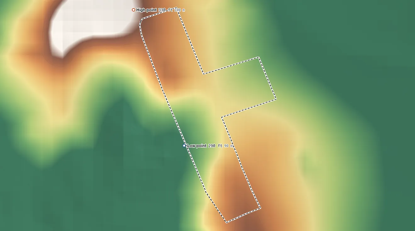 Topographic elevation map of Los Arrieros, Texas, shaded from 290 ft on the northwest side to 330 ft on the northwest side