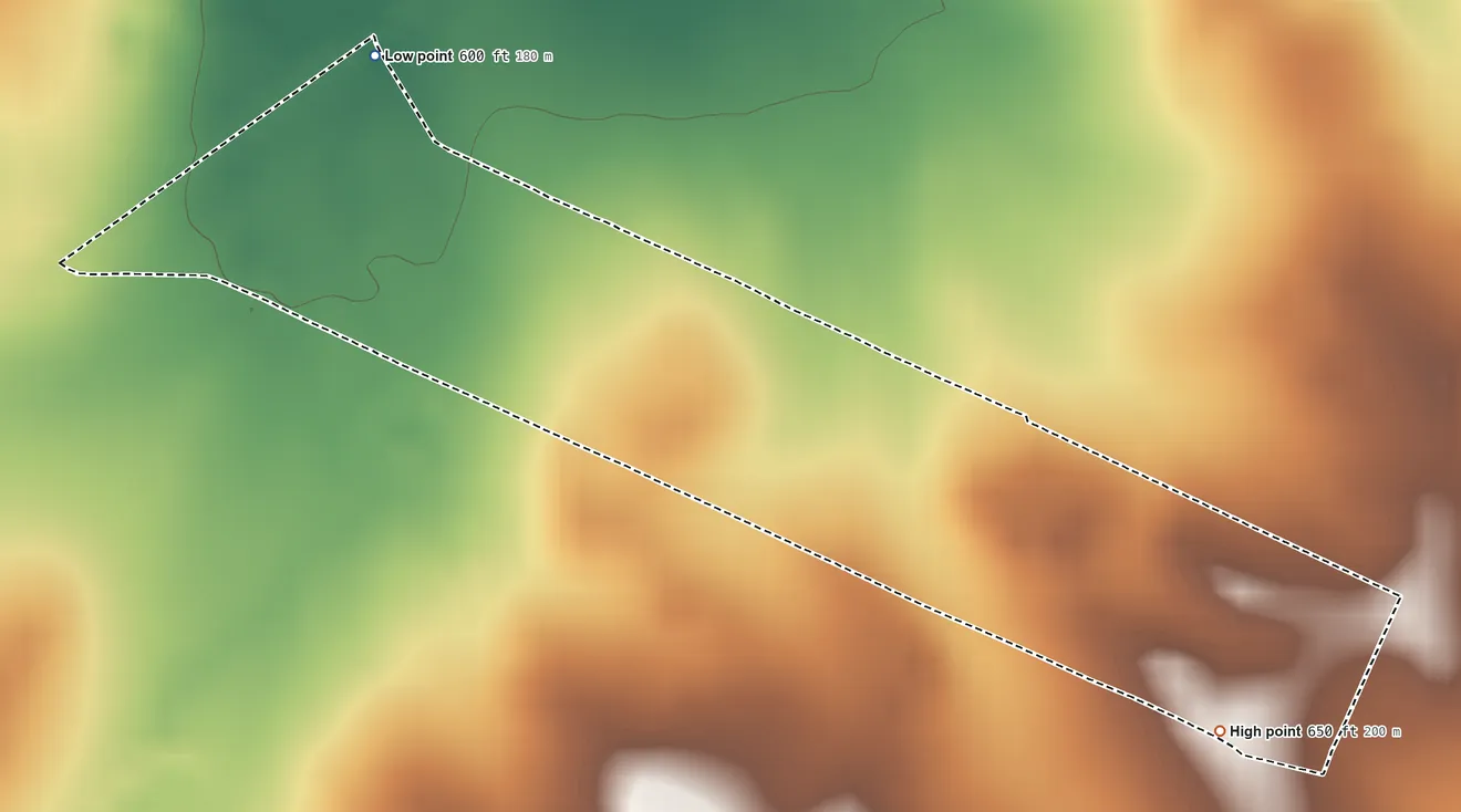 Topographic elevation map of Los Centenarios, Texas, shaded from 600 ft on the northwest side to 650 ft on the southeast side