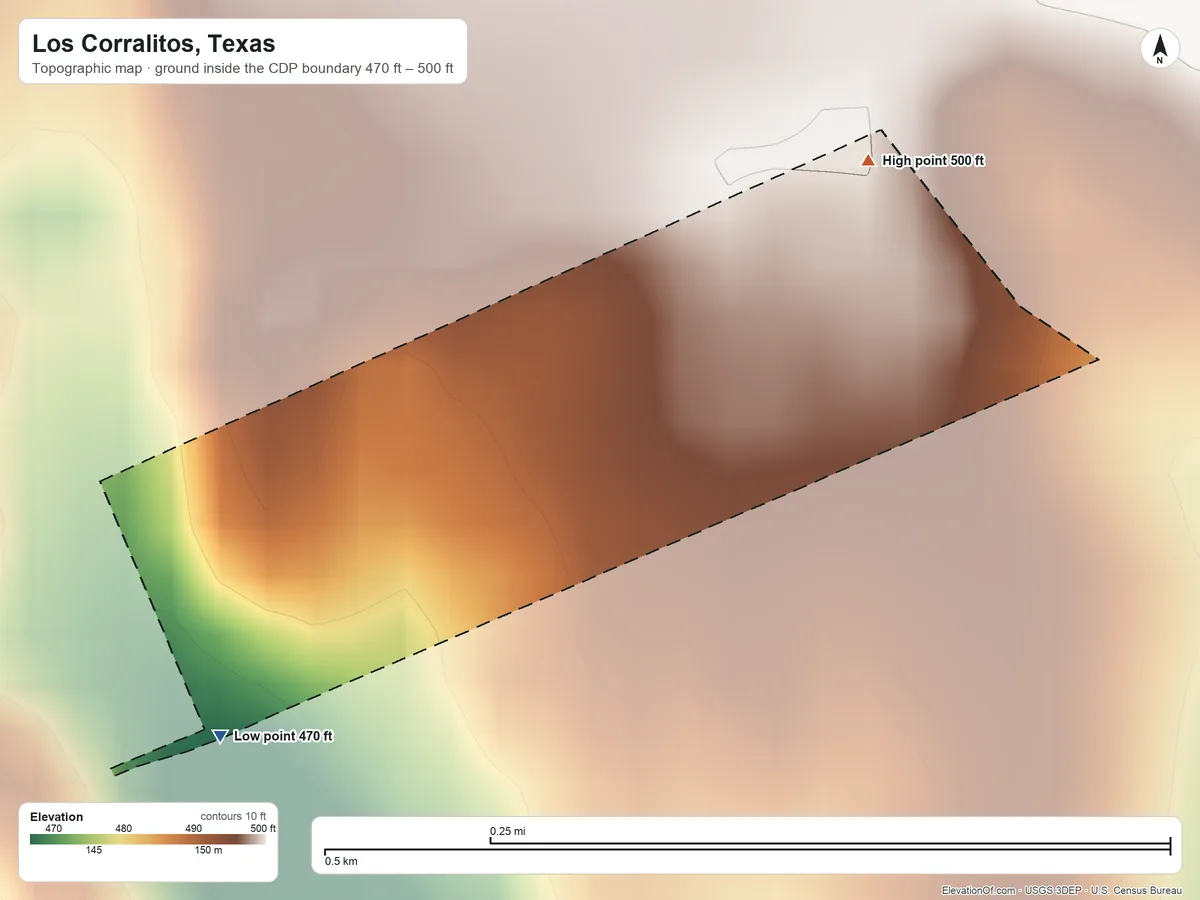 Topographic elevation map of Los Corralitos, Texas, shaded from 470 ft on the southwest side to 500 ft on the northeast side
