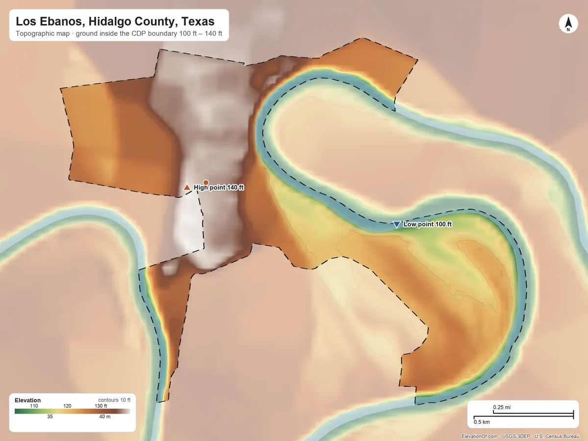 Topographic elevation map of Los Ebanos, Hidalgo County, Texas, shaded from 100 ft on the east side to 140 ft near the middle