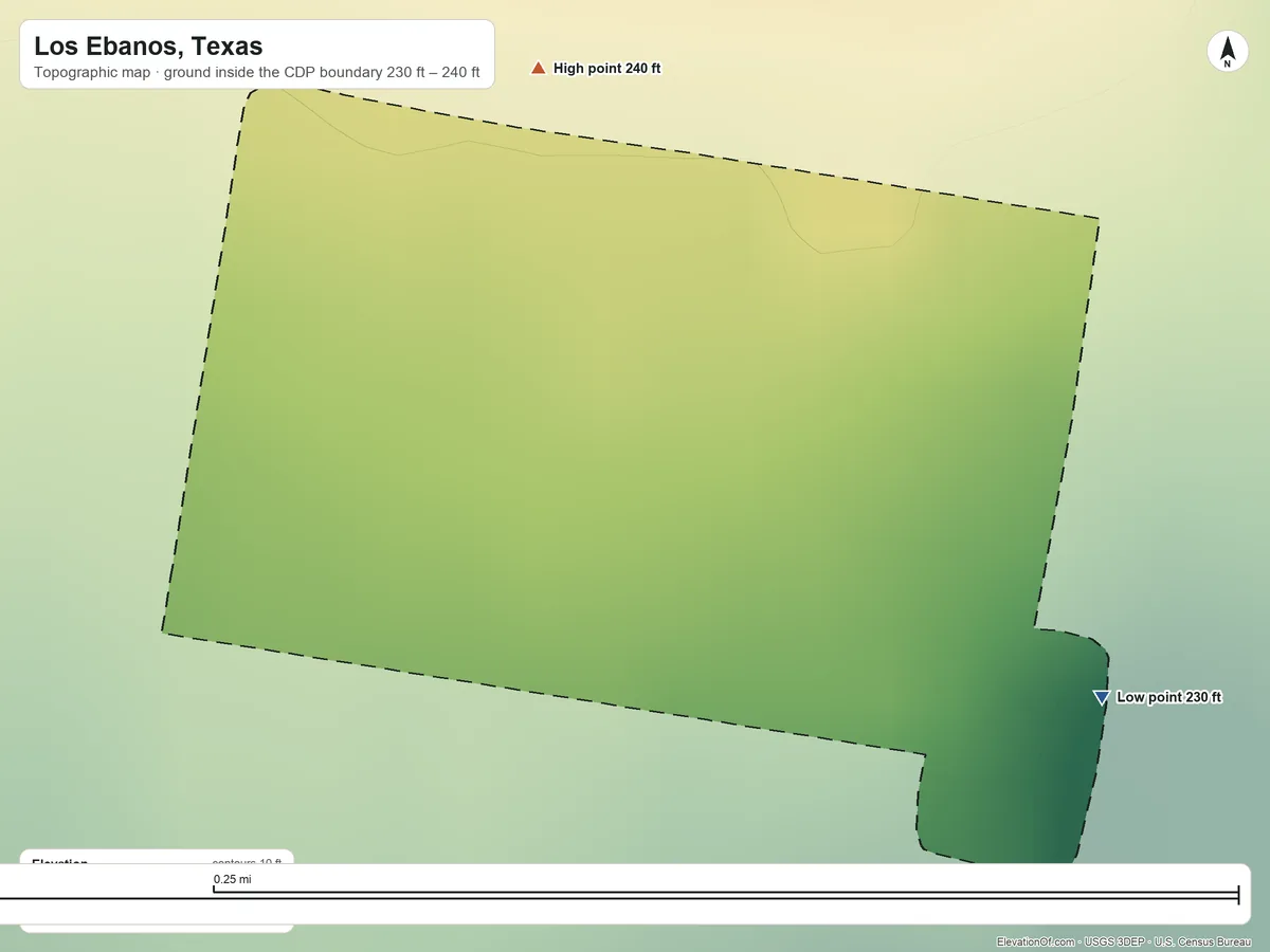 Topographic elevation map of Los Ebanos, Texas, shaded from 230 ft on the east side to 240 ft on the north side
