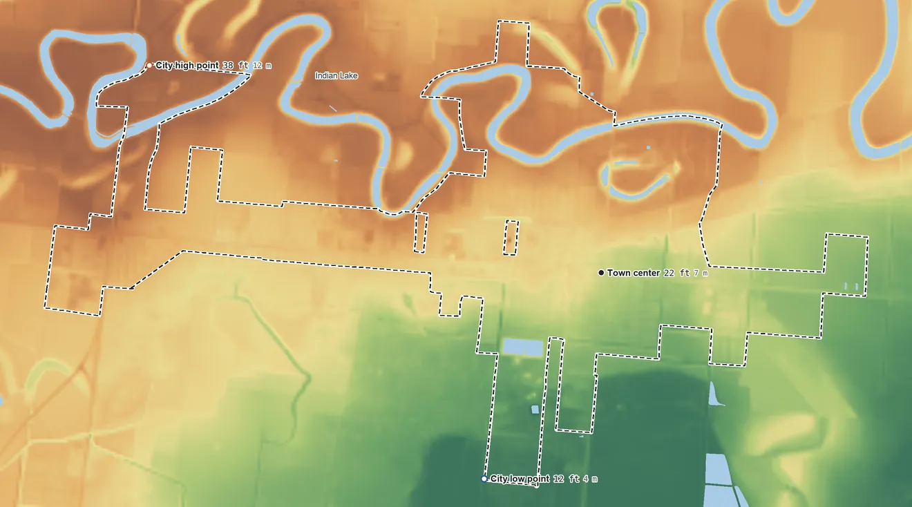 Topographic elevation map of Los Fresnos, Texas, shaded from 12 ft on the southwest side to 38 ft on the northwest side