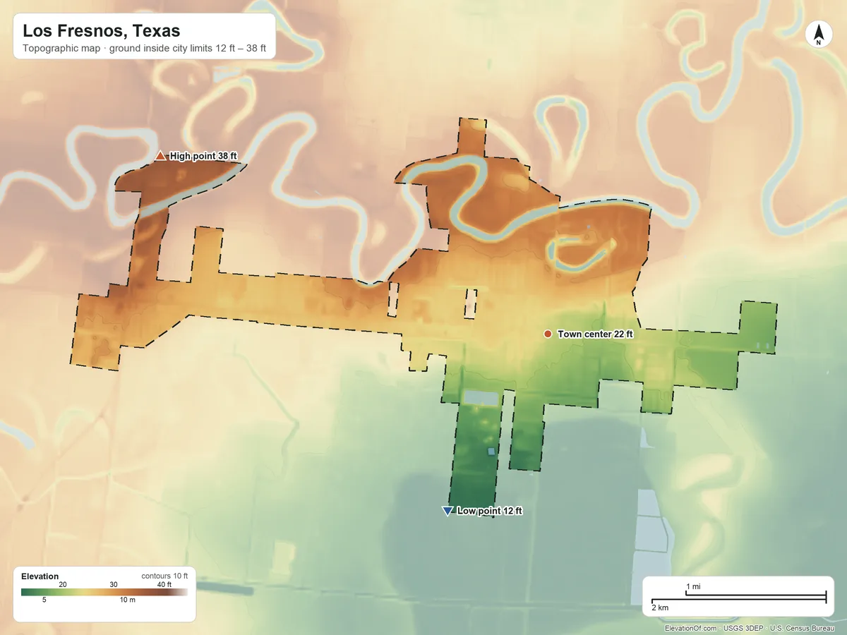 Topographic elevation map of Los Fresnos, Texas, shaded from 12 ft on the southwest side to 38 ft on the northwest side