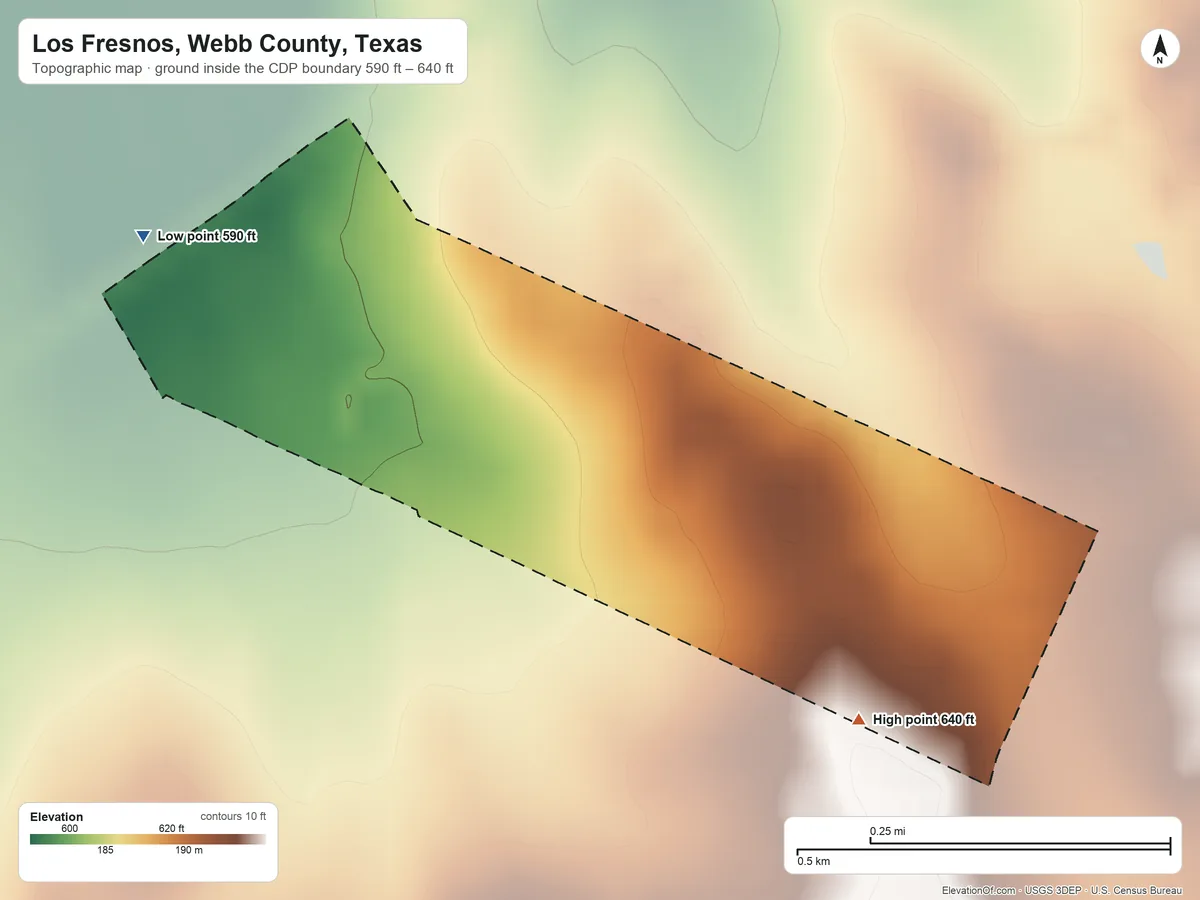 Topographic elevation map of Los Fresnos, Webb County, Texas, shaded from 590 ft on the northwest side to 640 ft on the southeast side