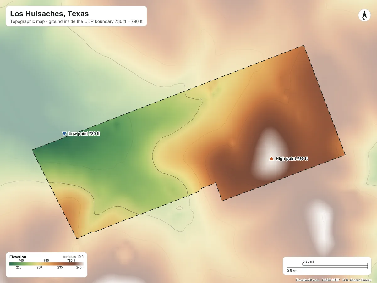 Topographic elevation map of Los Huisaches, Texas, shaded from 730 ft on the west side to 790 ft on the east side
