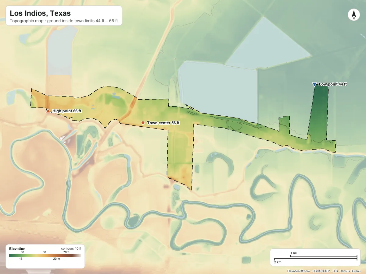 Topographic elevation map of Los Indios, Texas, shaded from 44 ft on the east side to 66 ft on the west side