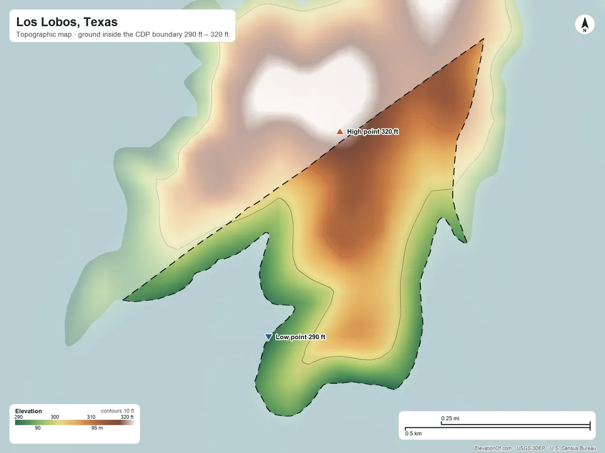 Topographic elevation map of Los Lobos, Texas, shaded from 290 ft on the southwest side to 320 ft on the north side