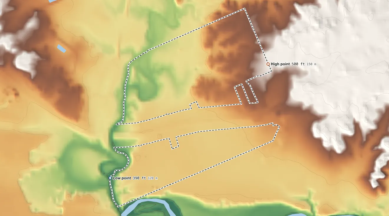 Topographic elevation map of Los Minerales, Texas, shaded from 390 ft on the west side to 500 ft on the northeast side