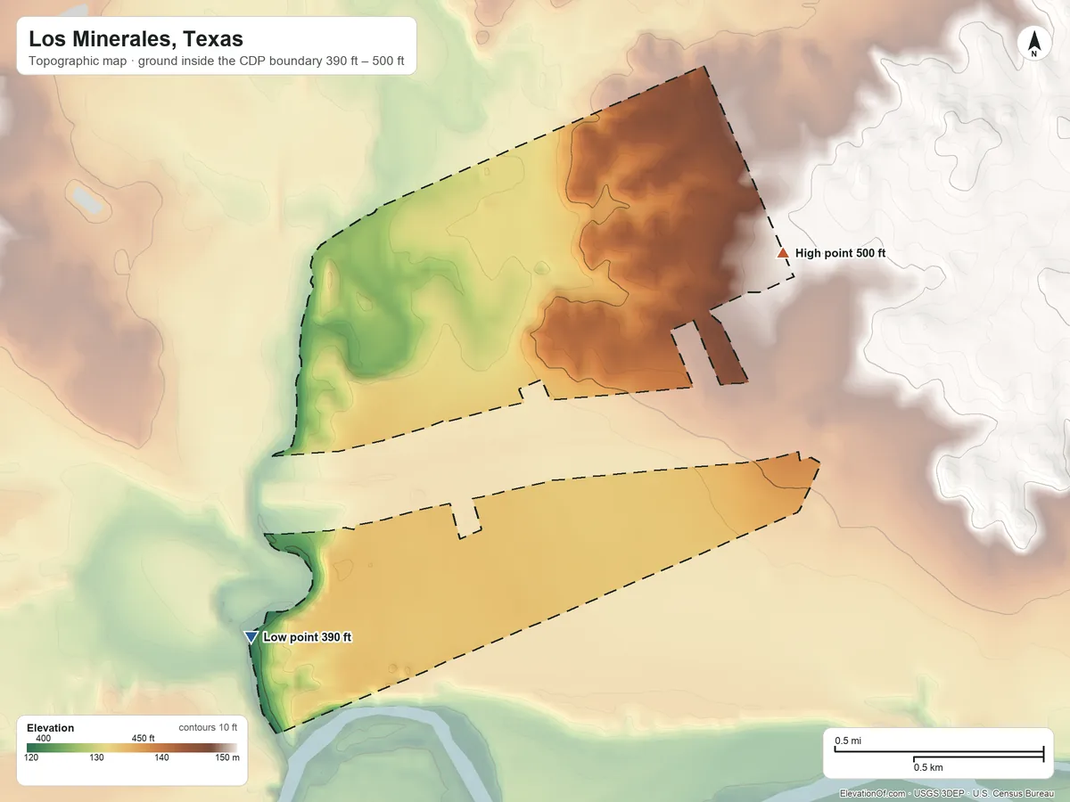 Topographic elevation map of Los Minerales, Texas, shaded from 390 ft on the west side to 500 ft on the northeast side