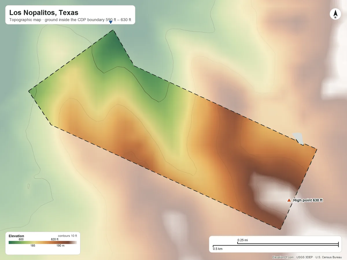 Topographic elevation map of Los Nopalitos, Texas, shaded from 590 ft on the northwest side to 630 ft on the southeast side