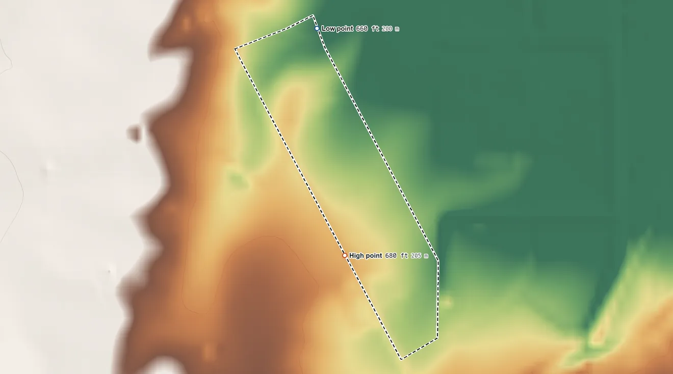 Topographic elevation map of Los Veteranos II, Texas, shaded from 660 ft on the north side to 680 ft on the south side