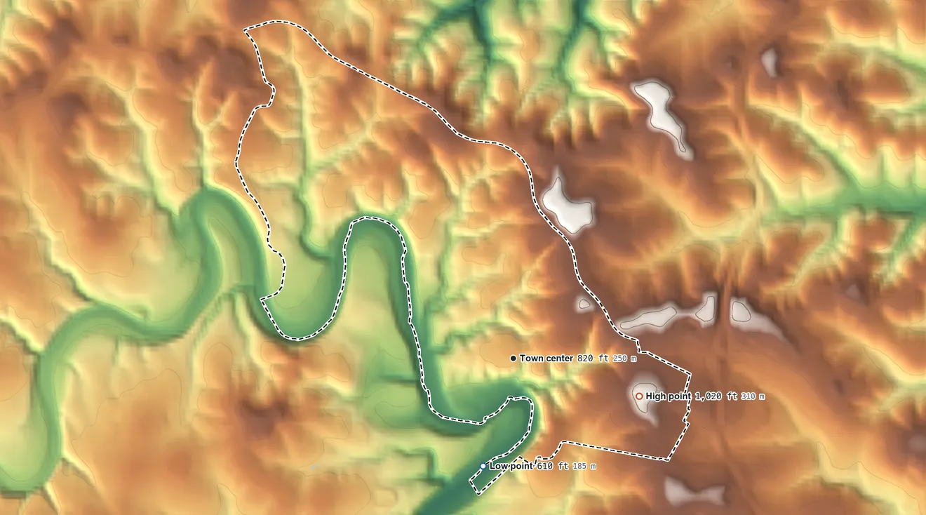 Topographic elevation map of Lost Creek, Texas, shaded from 610 ft on the south side to 1,020 ft on the east side