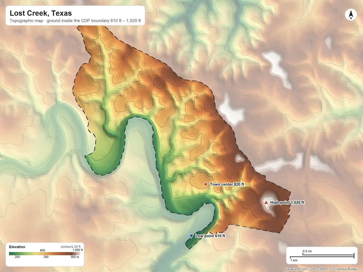 Topographic elevation map of Lost Creek, Texas, shaded from 610 ft on the south side to 1,020 ft on the east side