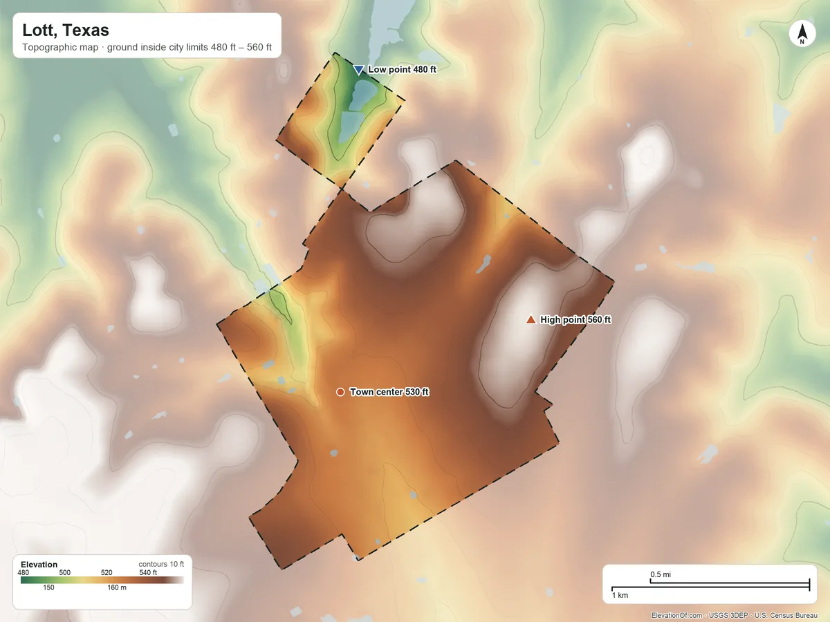 Topographic elevation map of Lott, Texas, shaded from 480 ft on the north side to 560 ft on the east side