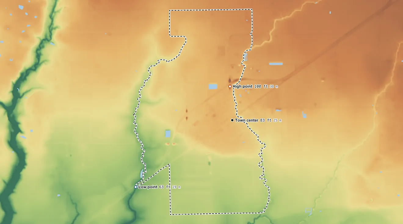 Topographic elevation map of Louise, Texas, shaded from 63 ft on the southwest side to 100 ft on the north side