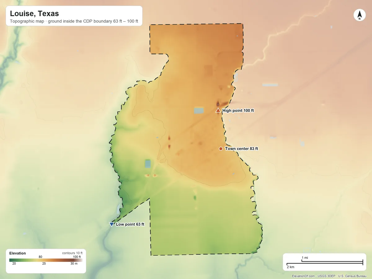 Topographic elevation map of Louise, Texas, shaded from 63 ft on the southwest side to 100 ft on the north side
