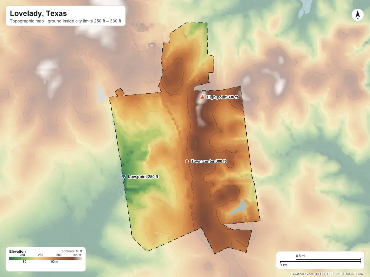 Topographic elevation map of Lovelady, Texas, shaded from 250 ft on the west side to 330 ft on the north side