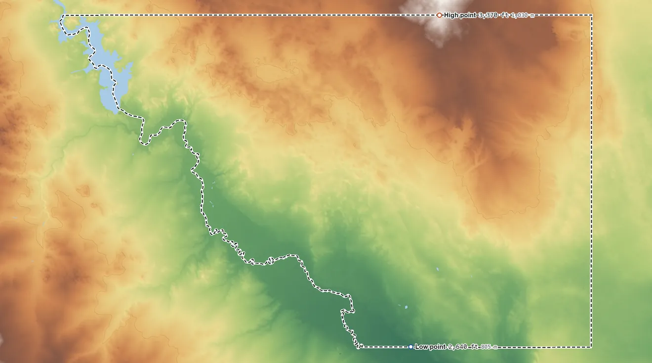 Topographic elevation map of Loving County, Texas, shaded from 2,640 ft on the southeast side to 3,370 ft on the northeast side