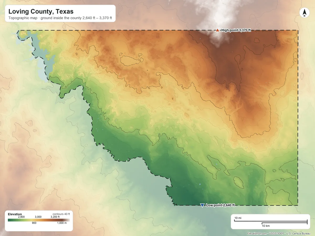 Topographic elevation map of Loving County, Texas, shaded from 2,640 ft on the southeast side to 3,370 ft on the northeast side