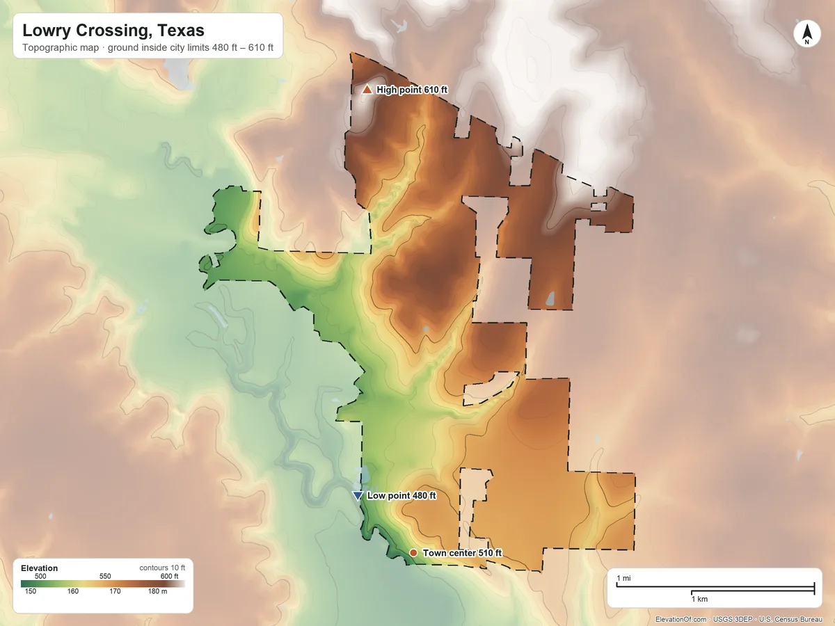 Topographic elevation map of Lowry Crossing, Texas, shaded from 480 ft on the northwest side to 610 ft on the north side
