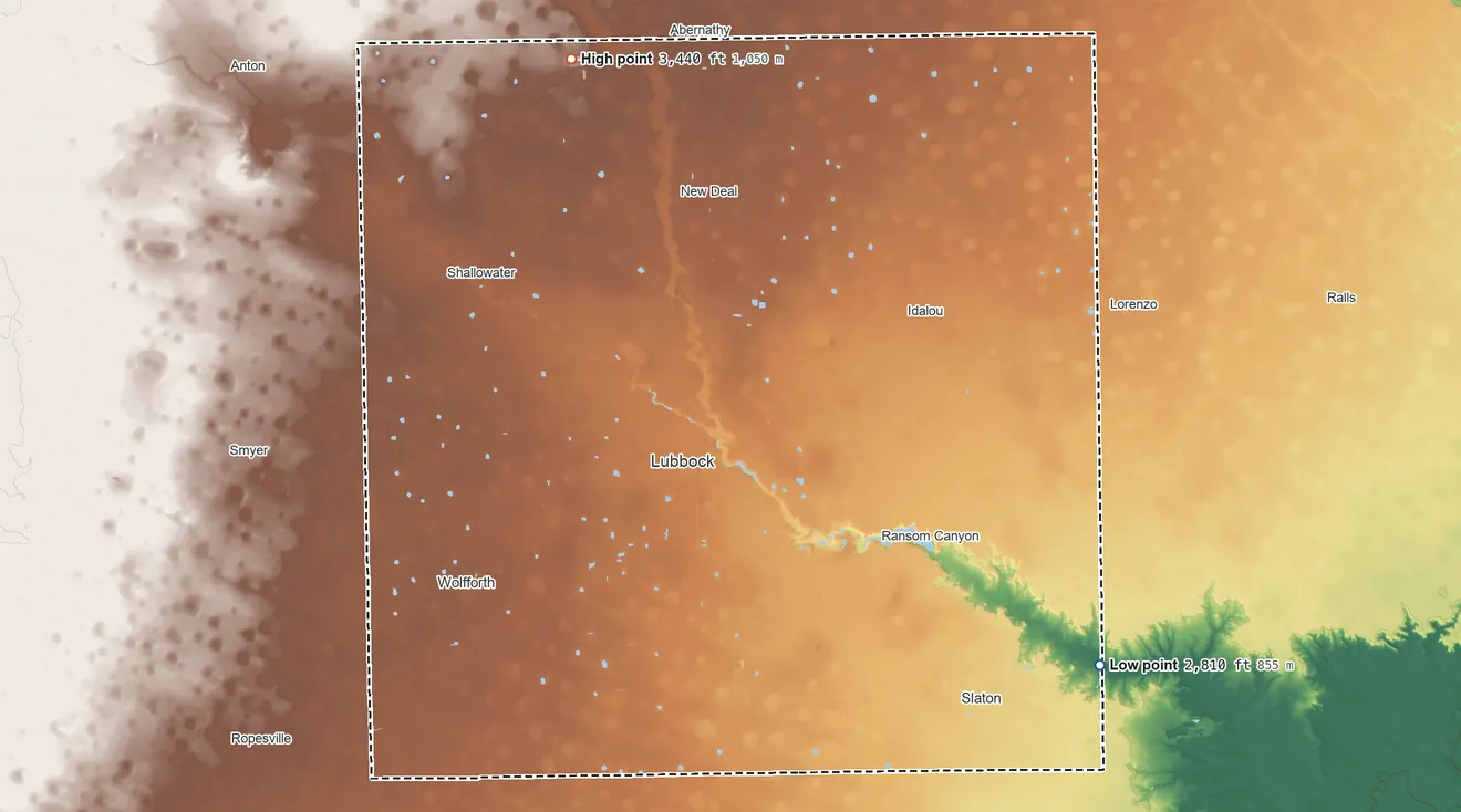 Topographic elevation map of Lubbock County, Texas, shaded from 2,810 ft on the southeast side to 3,440 ft on the northwest side