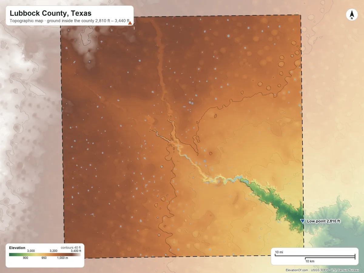 Topographic elevation map of Lubbock County, Texas, shaded from 2,810 ft on the southeast side to 3,440 ft on the northwest side