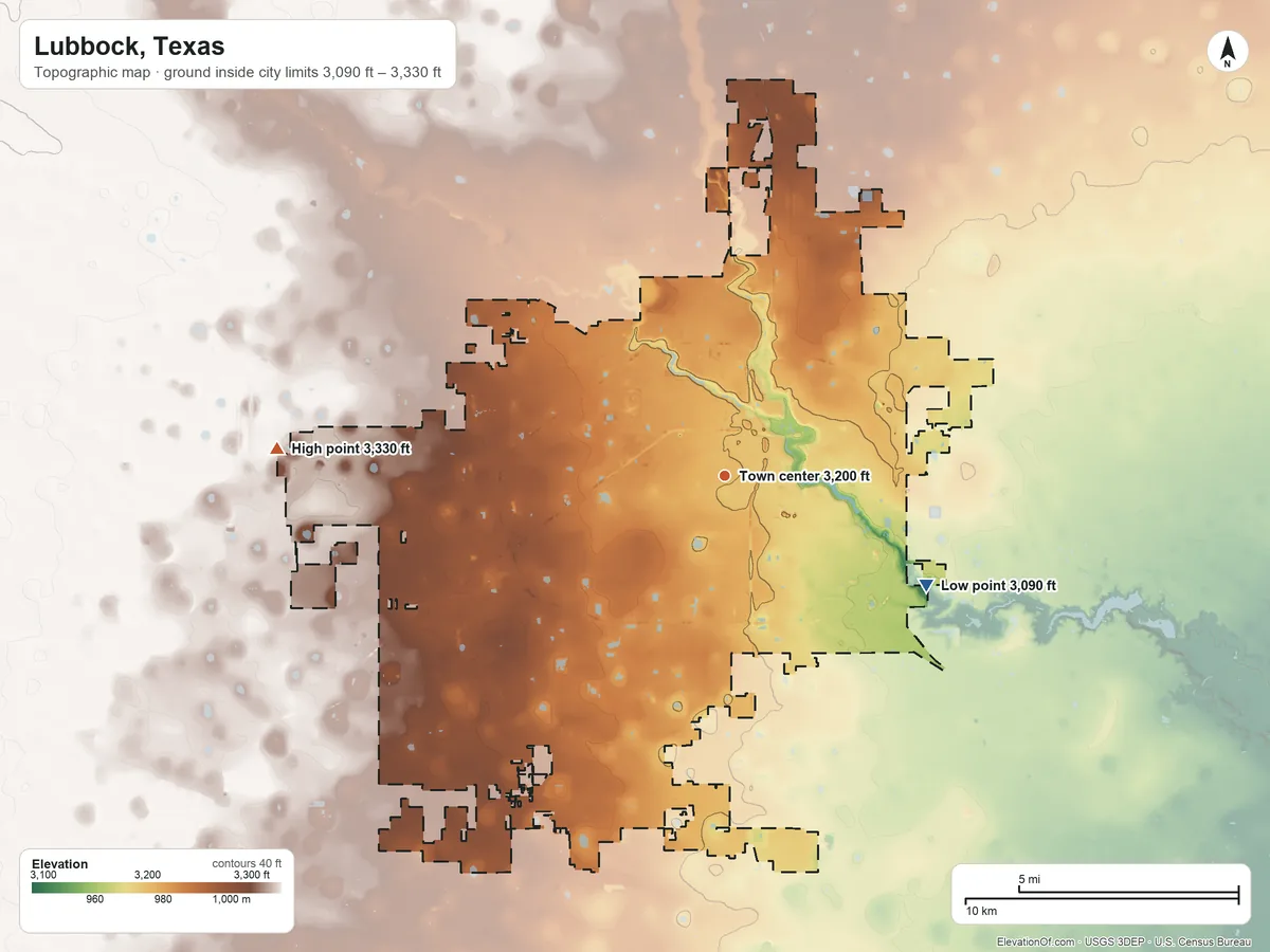 Topographic elevation map of Lubbock, Texas, shaded from 3,090 ft on the southeast side to 3,330 ft on the west side
