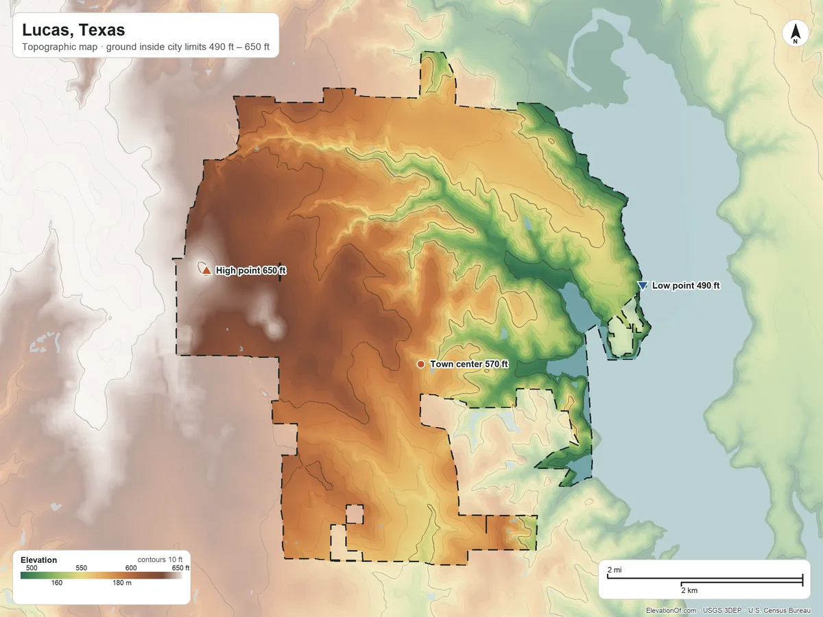Topographic elevation map of Lucas, Texas, shaded from 490 ft on the east side to 650 ft on the northwest side