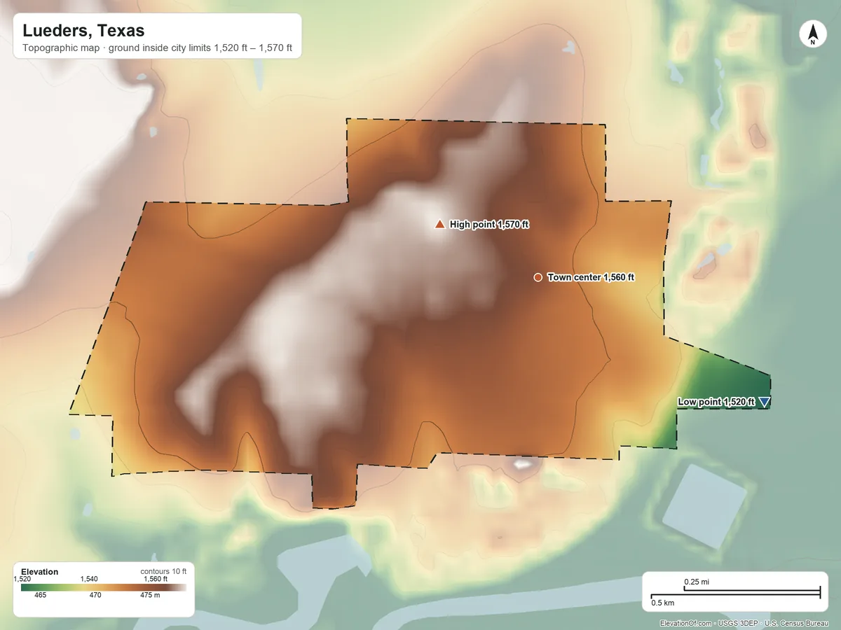 Topographic elevation map of Lueders, Texas, shaded from 1,520 ft on the southeast side to 1,570 ft on the northwest side