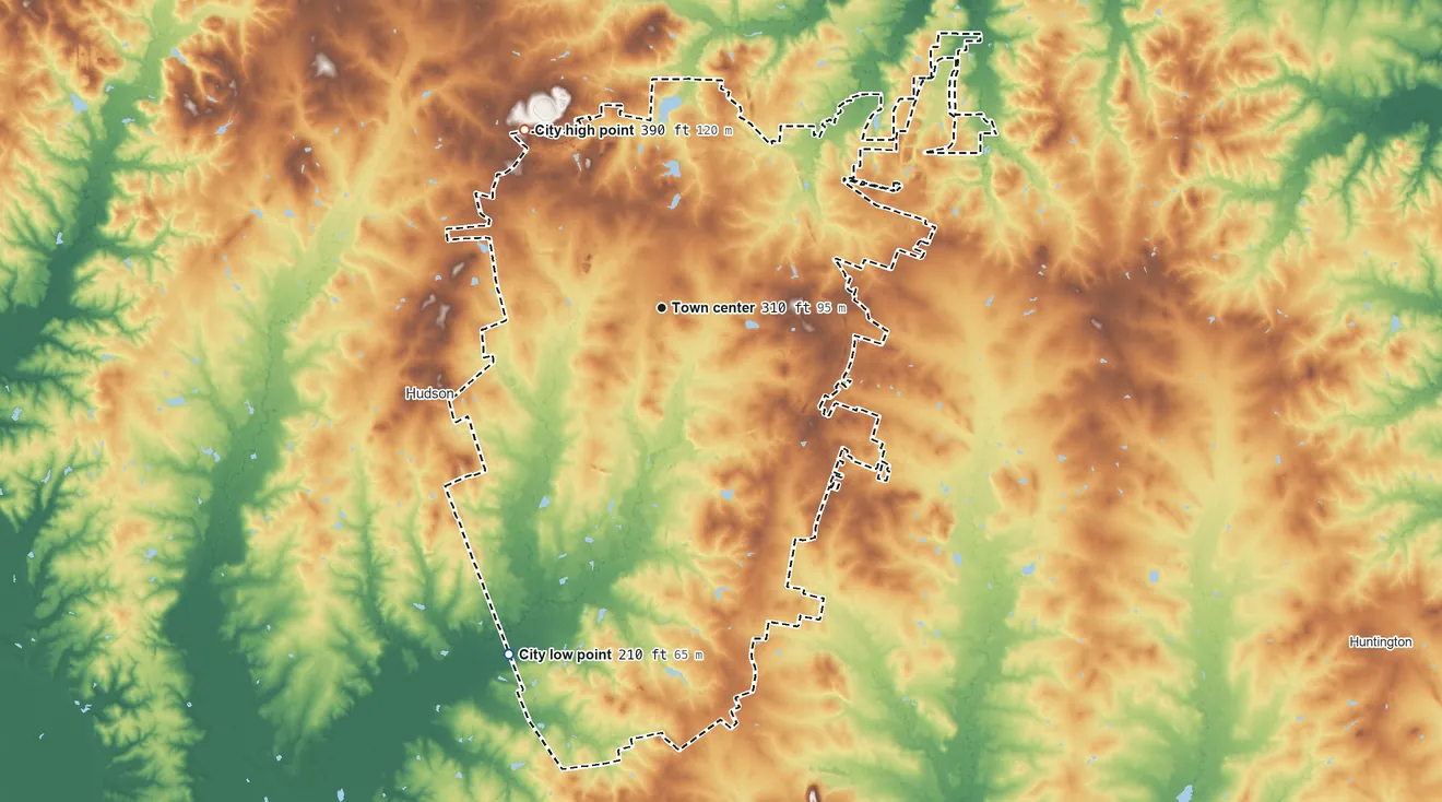 Topographic elevation map of Lufkin, Texas, shaded from 210 ft on the southwest side to 390 ft on the northwest side