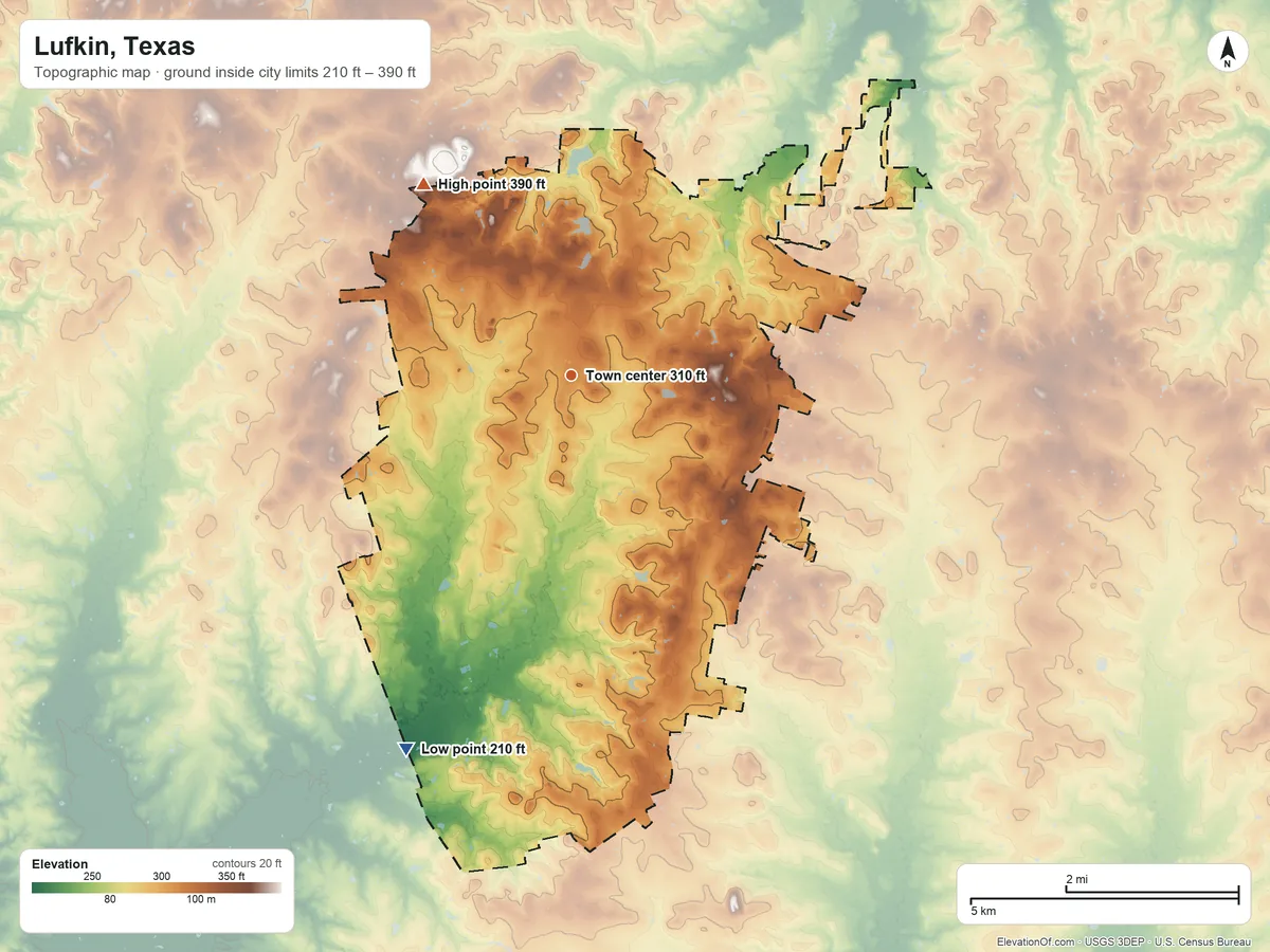 Topographic elevation map of Lufkin, Texas, shaded from 210 ft on the southwest side to 390 ft on the northwest side