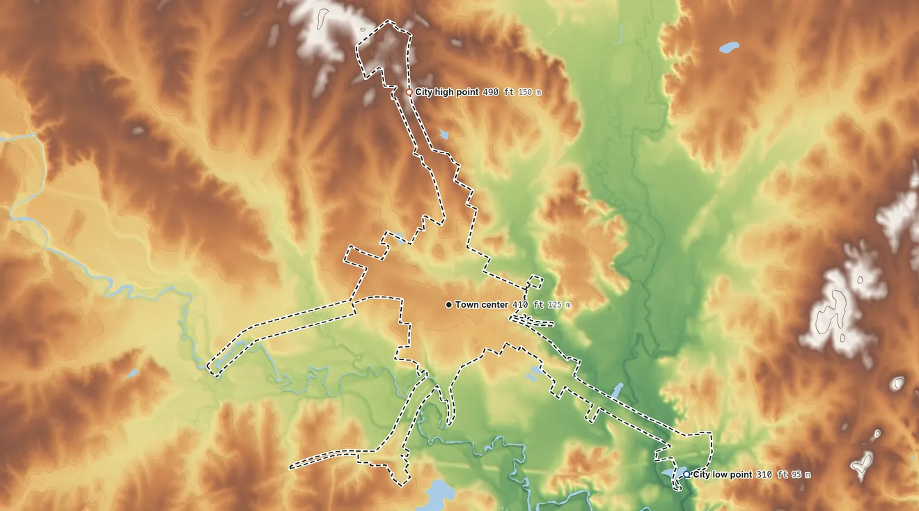 Topographic elevation map of Luling, Texas, shaded from 310 ft on the southeast side to 490 ft on the north side