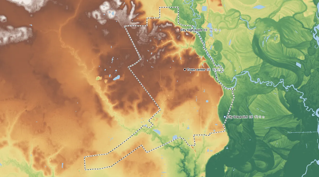 Topographic elevation map of Lumberton, Texas, shaded from 10 ft on the southeast side to 69 ft on the north side