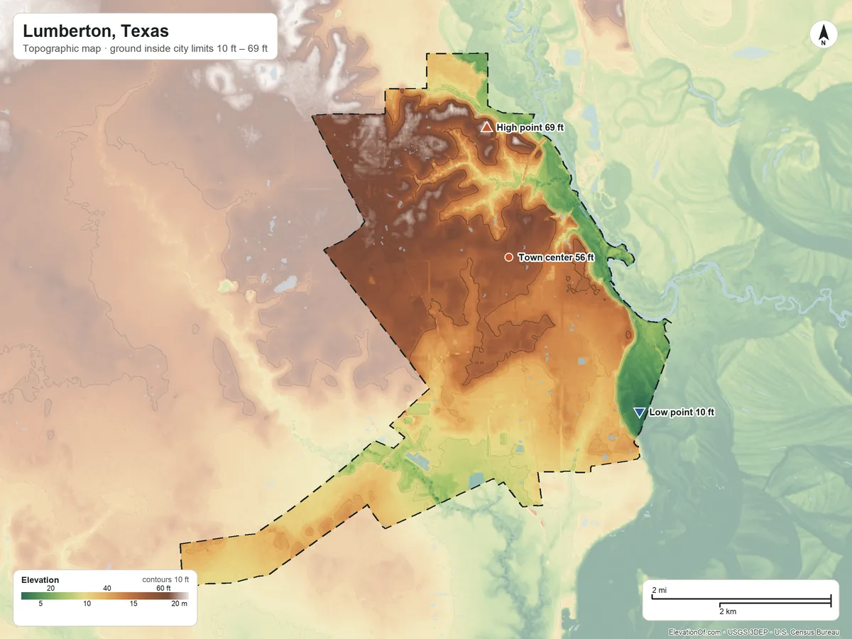 Topographic elevation map of Lumberton, Texas, shaded from 10 ft on the southeast side to 69 ft on the north side