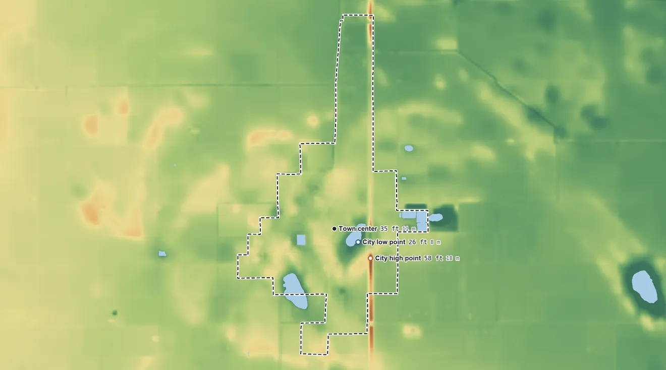 Topographic elevation map of Lyford, Texas, shaded from 26 ft near the middle to 58 ft on the southeast side