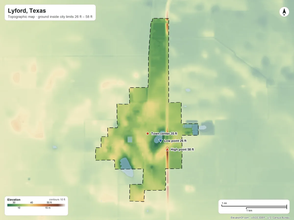 Topographic elevation map of Lyford, Texas, shaded from 26 ft near the middle to 58 ft on the southeast side