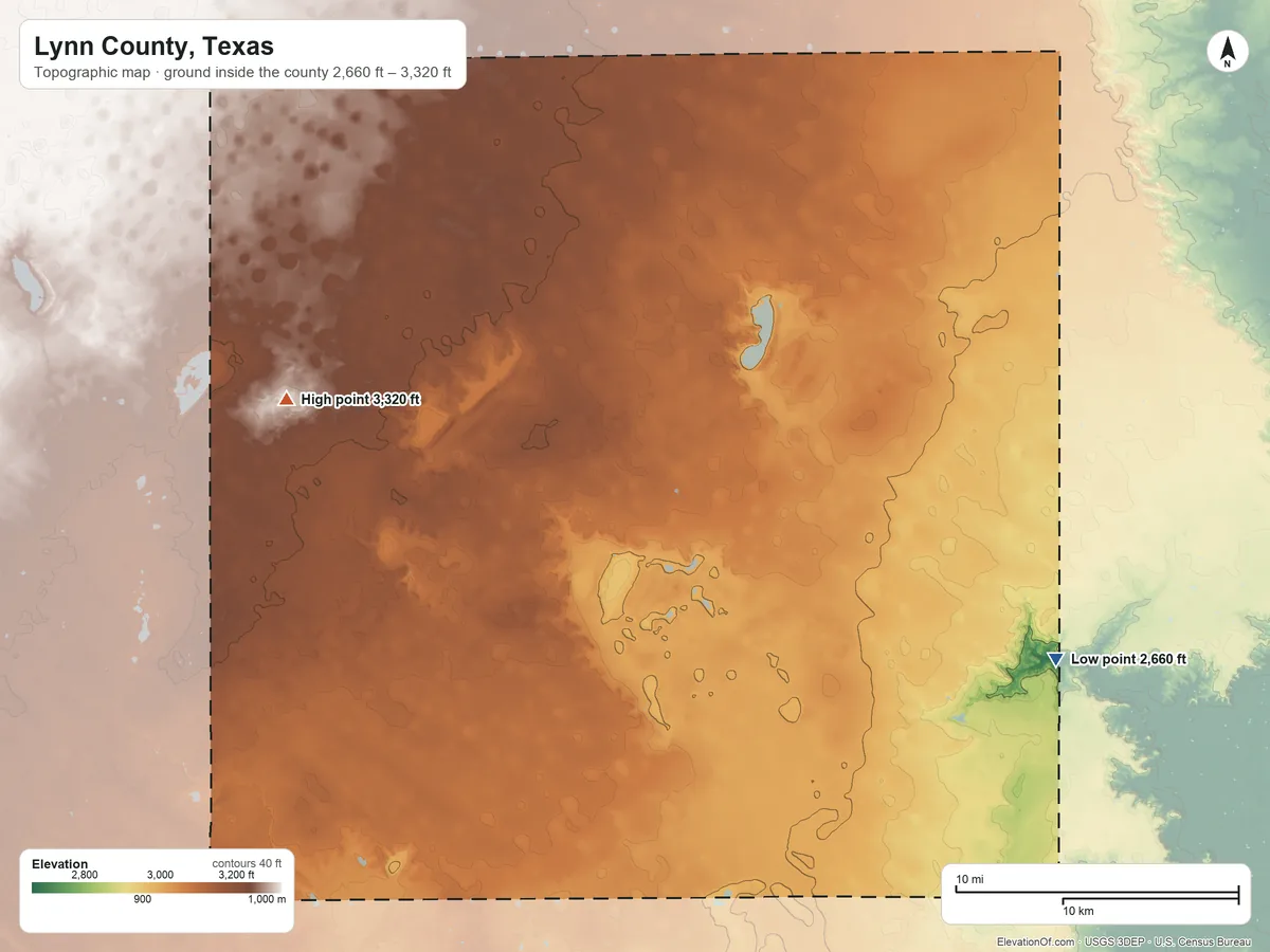 Topographic elevation map of Lynn County, Texas, shaded from 2,660 ft on the southeast side to 3,320 ft on the west side