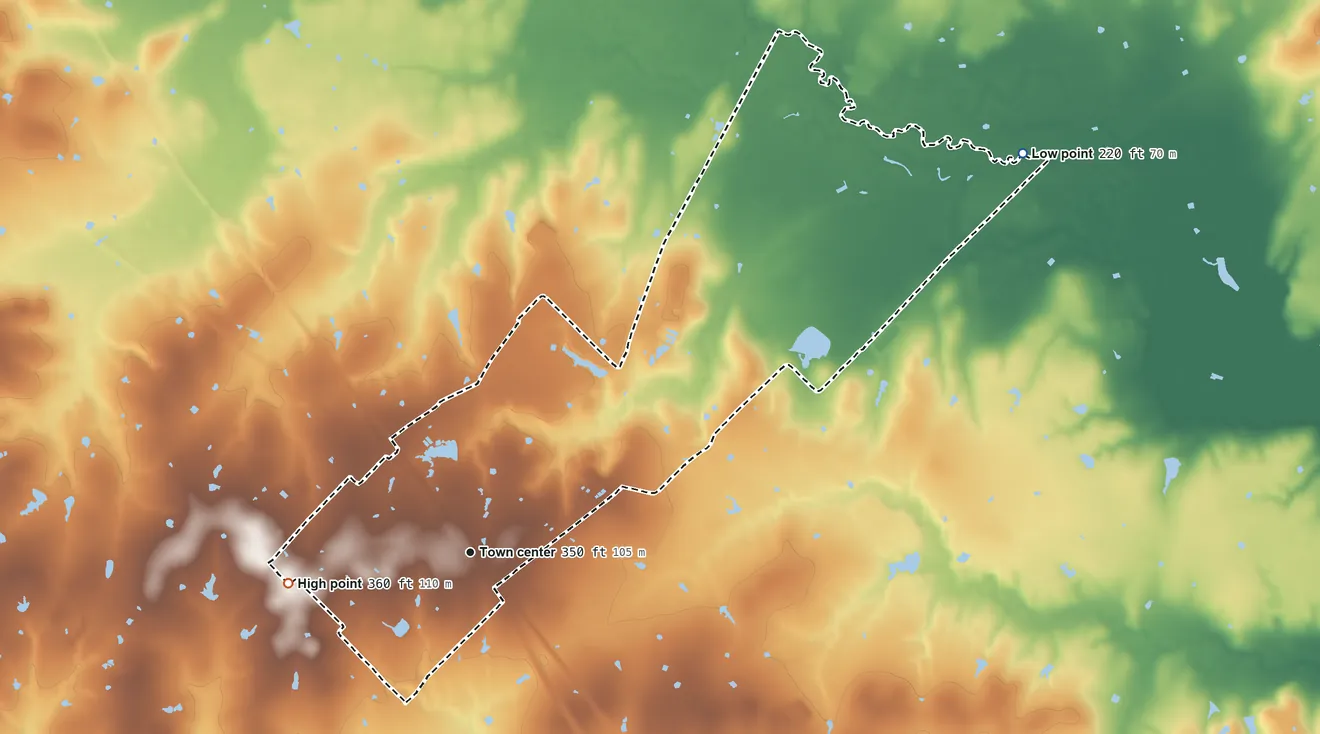 Topographic elevation map of Lyons, Texas, shaded from 220 ft on the northeast side to 360 ft on the west side